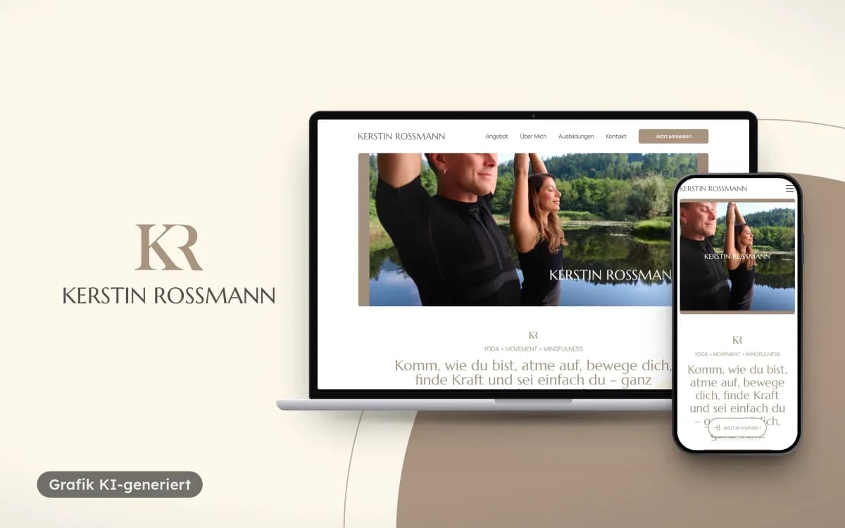 Logo von Kerstin Rossmann auf Creme und Beige neben Laptop und Smartphone mit der Startseite