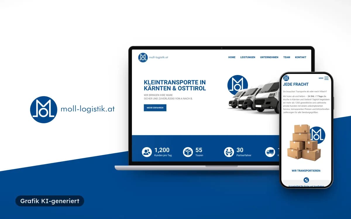 Moll-Logistik-Logo auf Weiß und Blau neben Laptop und Smartphone mit der Startseite