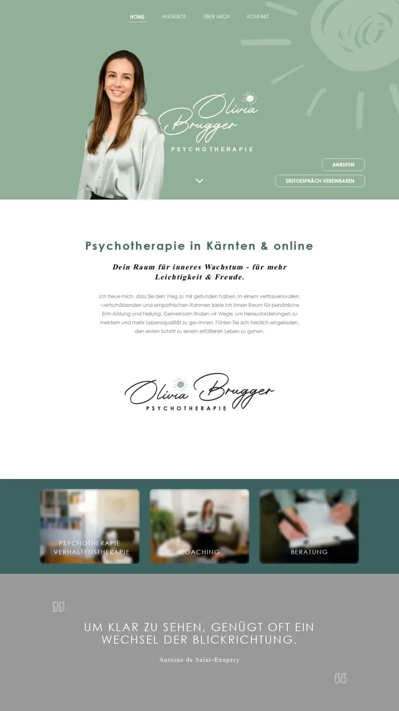 Startseite von olivia-brugger.at: Porträt von Olivia Brugger auf Salbeigrün, „Psychotherapie in Kärnten & online“ und ihr Angebot