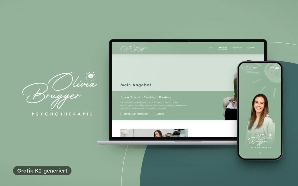 Logo von Olivia Brugger Psychotherapie auf Salbeigrün neben Laptop mit der Angebotsseite und Smartphone mit der Startseite
