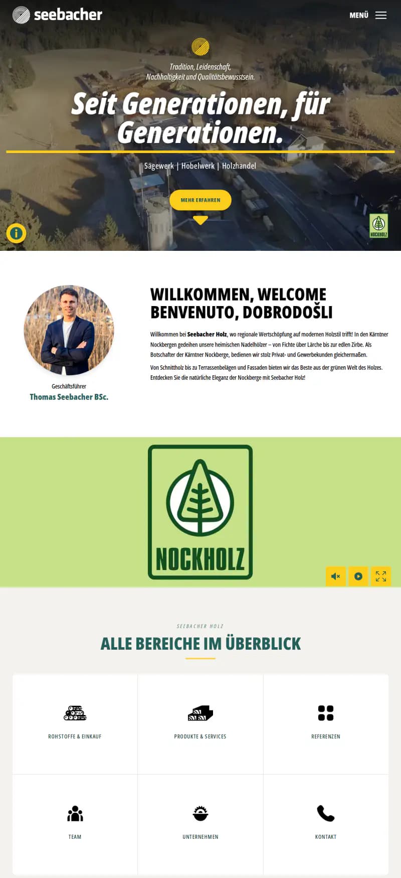 Startseite von seebacher-holz.com: Sägewerk in den Nockbergen unter „Seit Generationen, für Generationen.“, darunter der Geschäftsführer und alle Bereiche im Überblick