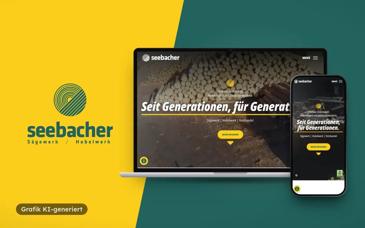 Seebacher-Logo auf Gelb und Grün neben Laptop und Smartphone mit der Startseite „Seit Generationen, für Generationen.“