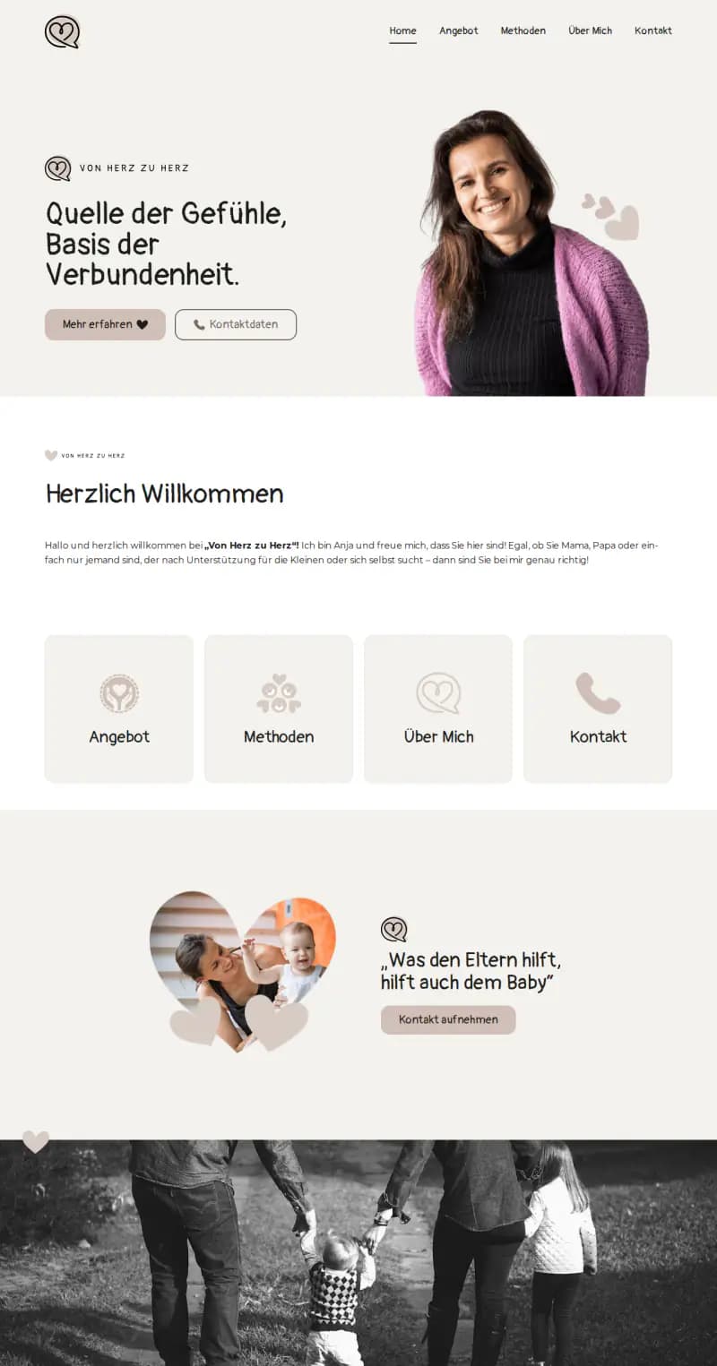 Startseite von von-herz-zu-herz.at: Anja Filippitsch lächelnd neben „Quelle der Gefühle, Basis der Verbundenheit.“, darunter „Herzlich Willkommen“ und ihr Angebot